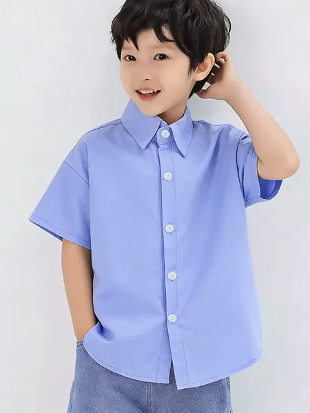 Boys' White Shirt, Short-Sleeved Pure Cotton White Shirt, Campus Style, Middle and Large Children's School Uniform, College Style Lapel