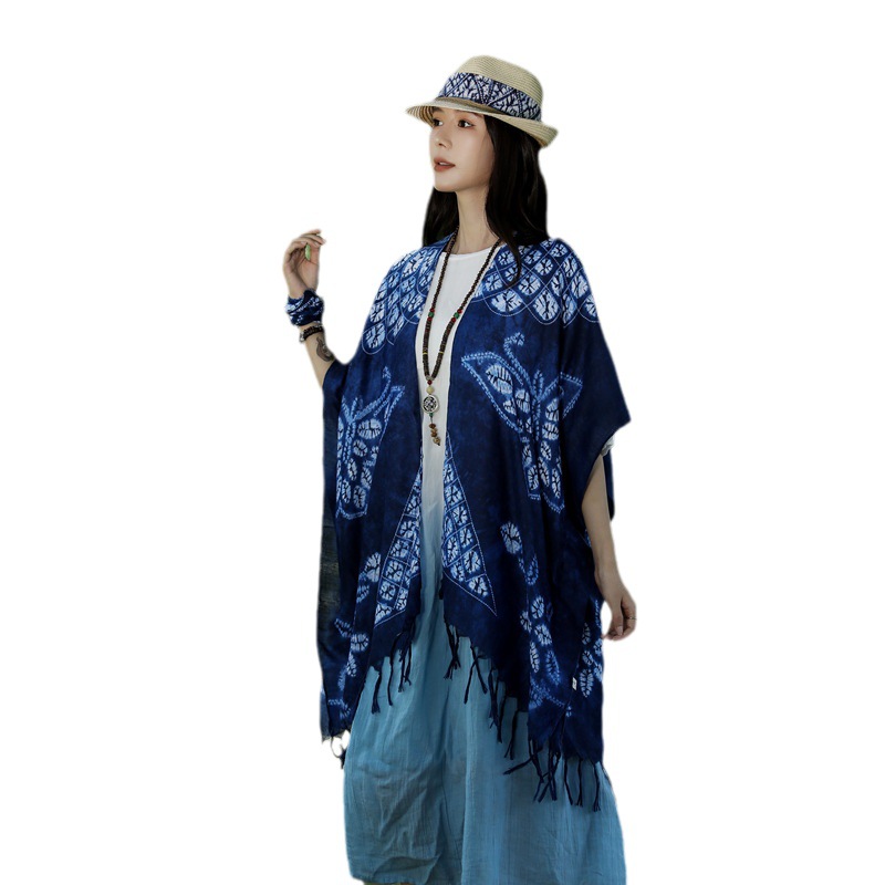 Nuevo estilo étnico teñido con lazo chal de viaje de Yunnan ropa exterior algodón y lino de las mujeres sienten bufanda capa protector solar borla cardigan