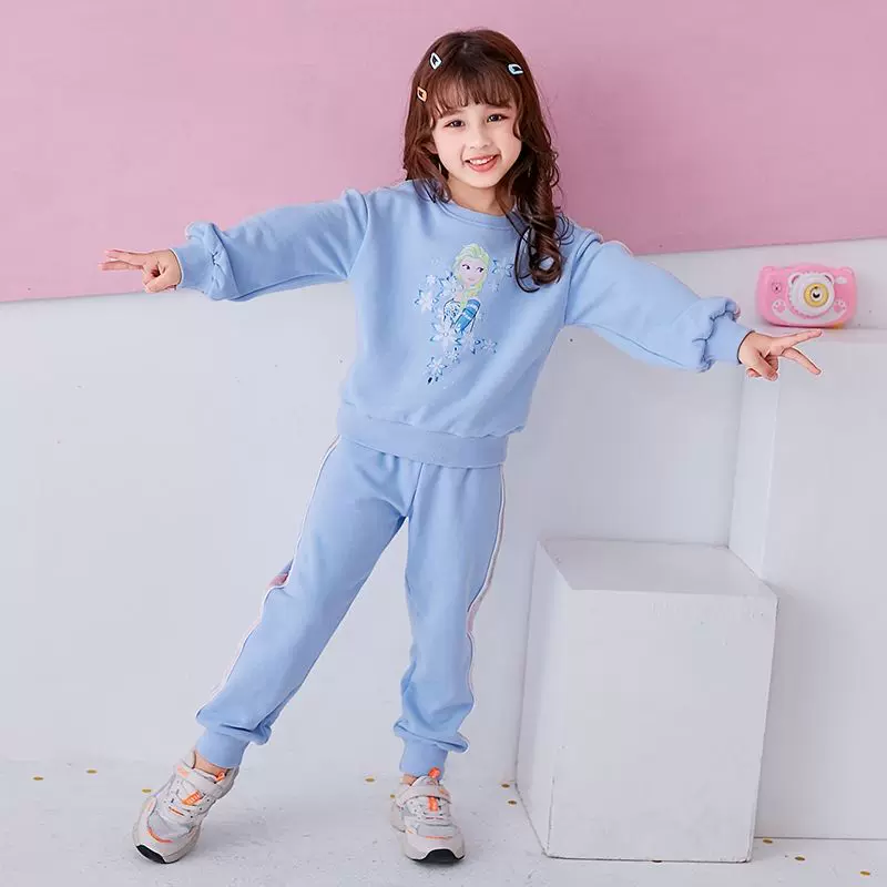 冰雪奇缘2025春秋女童套装运动韩版爱莎公主印花撞色套头卫衣长裤