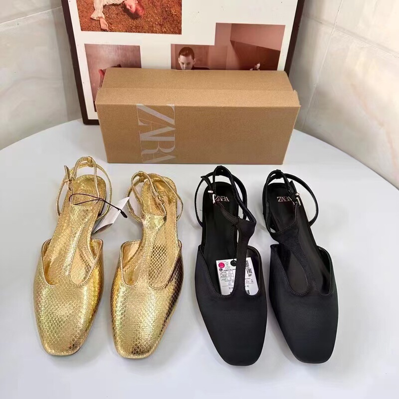 ZA2025 Autumn and Winter New Women's Shoes Black Satin Shoe Shoe Casual Flat Sandals Ankle Strap Buckle Muller Shoes