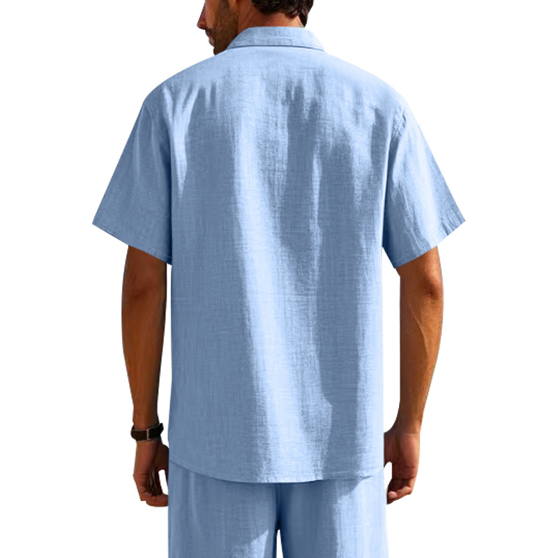 Summer Men's Linen Shirt Casual Loose Collar Short Sleeve Solid Color Pocket T-Shirt_viptrois.com