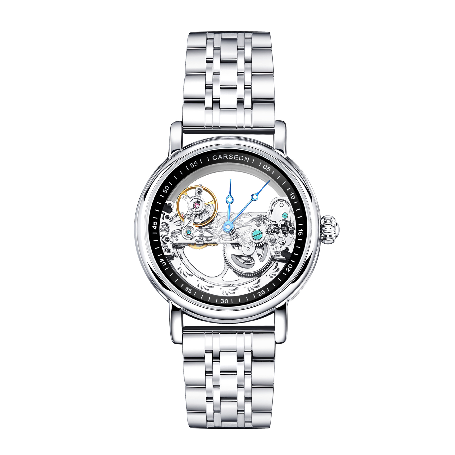 은색 껍질, 검은색 표면 및 흰색 강철 벨트