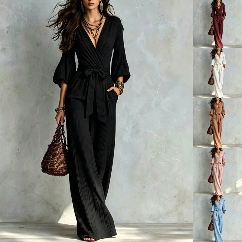 2026 Autumn French Style Deep V Neck Puff Sleeve Wide Leg Jumpsuit for Women with Waist Belt, Slimming High Waist Long Jumpsuit 2026 Autumn French Style Deep V Neck Puff Sleeve Wide Leg Jumpsuit for Women with Waist Belt, Slimming High Waist Long Jumpsuit