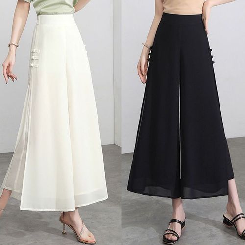 Women's 2025 New White High-Waisted Loose Slimming Summer Skirt Pants Sheer Chiffon 9/10 Length