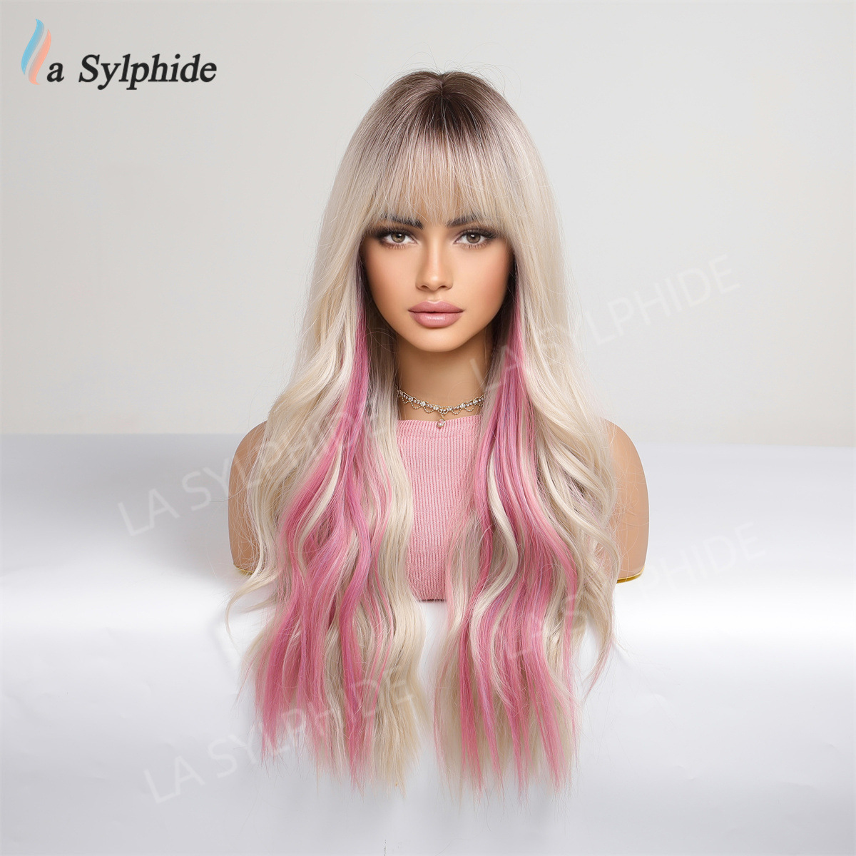 Temu cross-border Long curly hair wig women's bangs pink white gold rose net full head cover Long wig