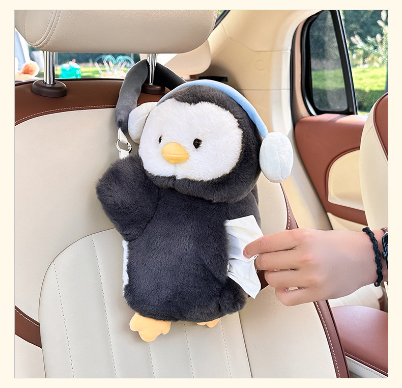 Cartoon Car Tissue Box Plush Toy Multifunctional Hanging Tissue Bag Cute Penguin Car Tissue Holder