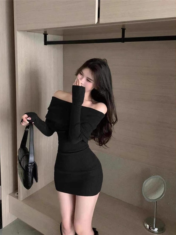 法式感辣妹一字肩连衣裙女秋冬季新款紧身显瘦内搭包臀短裙子纯欲|undefined