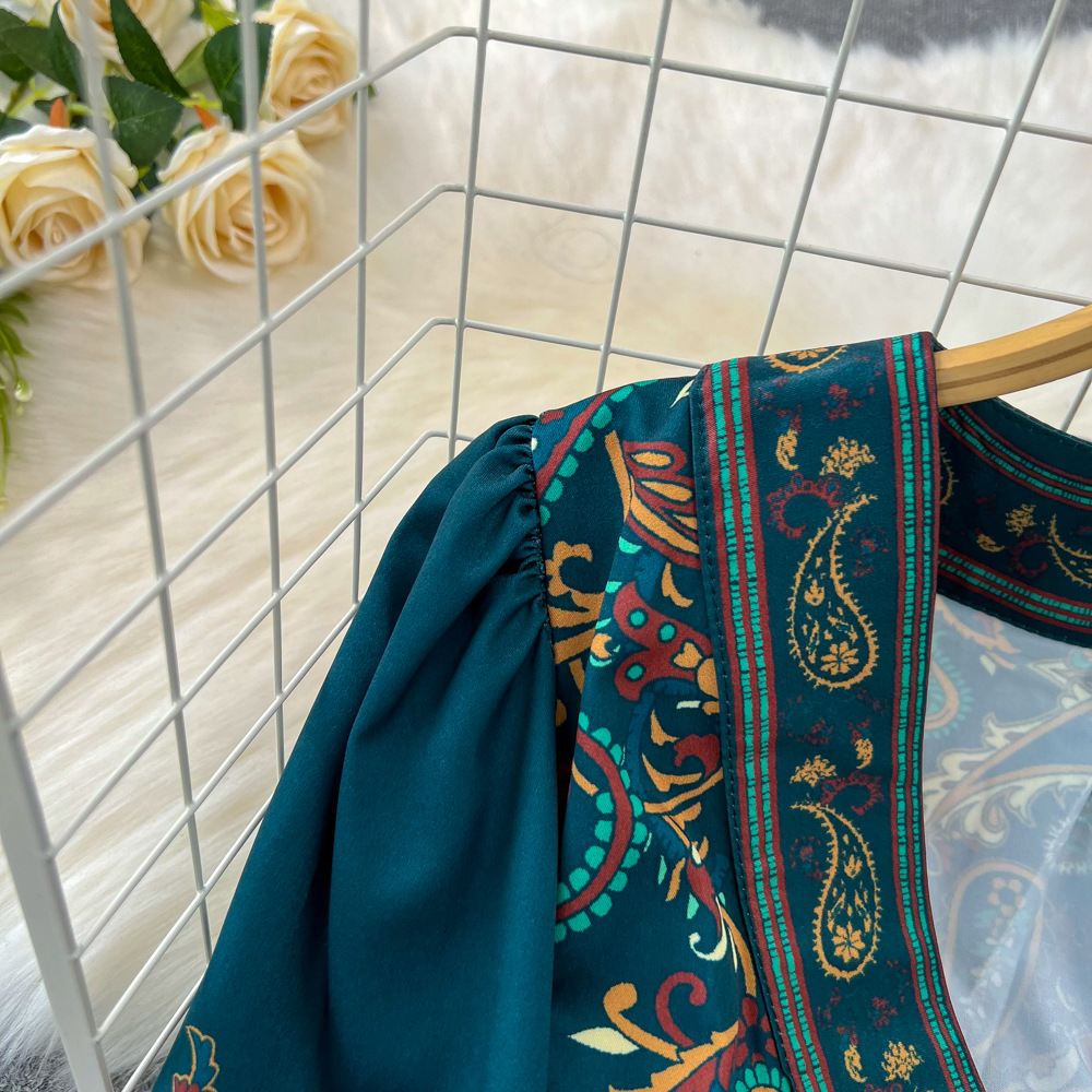 Retro Court Style Lantern Dress Long Sleeved V Neck Belted a Line Printed Elegant Full Skirt for Women_ecoleips.com