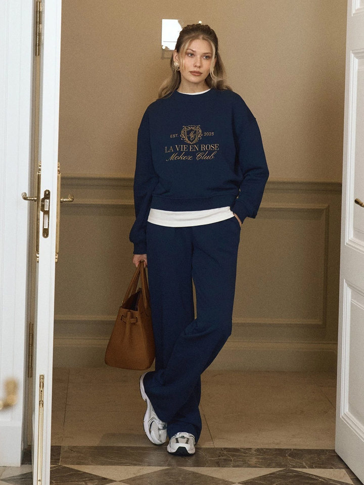 Bộ đôi áo nỉ thêu và quần dài nữ phong cách casual — Màu trắng nhạt, Màu xanh hải quân, màu xám, nâu sẫm chi tiết 36