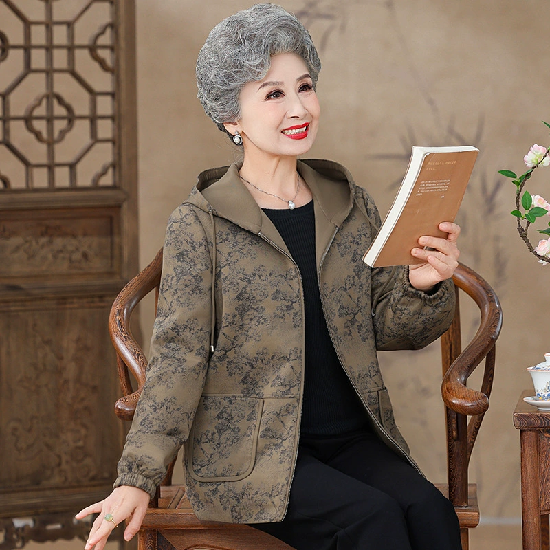 Мама осень 2024 новый пиджак с капюшоном топ средняя и пожилая женщина бабушка миссис Широкий размер плащ пальто