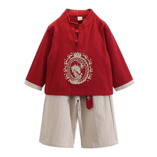 Boys' Spring and Autumn Style Long-Sleeve Children's Tang Suit Set Chinese Style Flying Dragon Embroidered Children's Ancient Costume Hanfu Baby Set