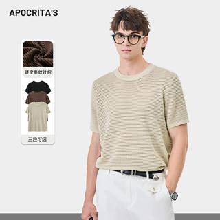 APO男装 |跨境男士针织提花镂空短袖T恤夏季潮流百搭宽松圆领上衣