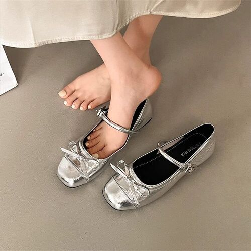 Silver Color Fitting Butterfly Knot Open-Toe Ballet Flats for Women Spring New French Style Flat Mary Jane Retro Leather Shoes