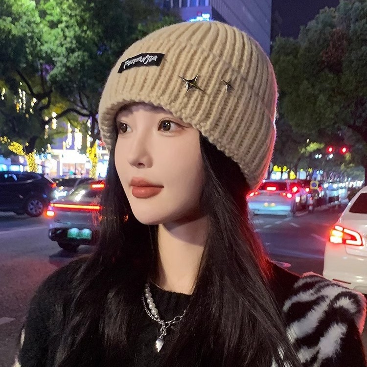 新款针织帽大头围韩版时尚星星标防风毛线帽女秋冬纯色保暖冷帽男|undefined