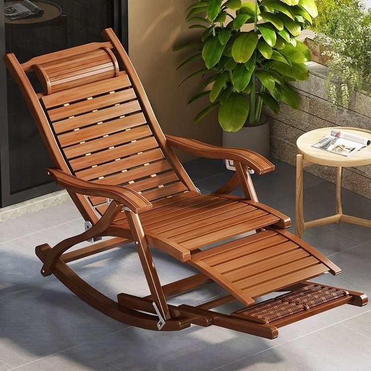Adult Rocking Chair for Elderly, Solid Wood Lazy Nap Bamboo Rocking Folding Balcony Lounge Chair