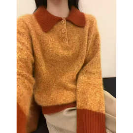 早春新款复古港风撞色polo领拉绒毛衣女宽松慵懒翻领羊驼毛针织衫