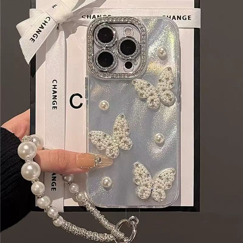 Ligero lujo ins tridimensional perla mariposa aplicable iphone15 funda para teléfono móvil 13/14 Apple 16ProMax pulsera mujer