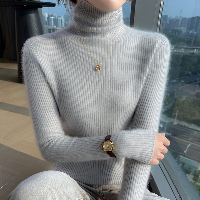 毛衣显瘦抽条厚款秋冬新款高翻领100羊毛女修身百搭针织打底套头|undefined