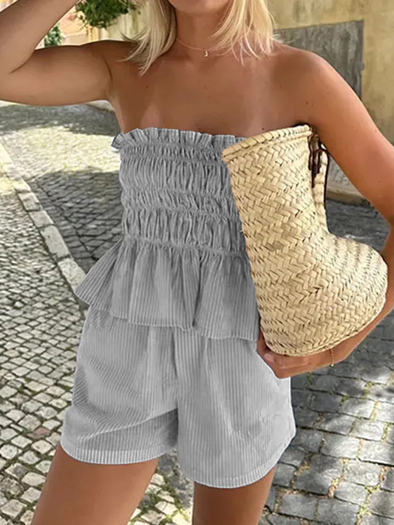 200g Weight Sleeveless Sleeve Length Polyester, Viscose fiber Fabric Type Shorts Co-ord Set Sets Type 2 Pieces Set Quantity Daily Occasion Strapless Neckline Slim Fit Type Stripe Pattern Summer Season Women's Gender Casual Style Daily Women's Casual Stripe Polyester Viscose Fiber Shorts Co-ord Set Shorts Sets 7