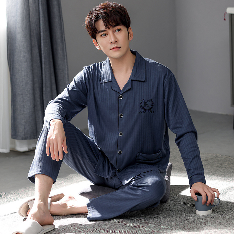 2025 新しいパジャマメンズ秋と冬の綿ルーズ長袖カーディガンラペルハイエンドホームウェアセット