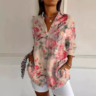 2026新款女士衬衫 夏季欧美潮流七袖衬衫 花卉图案印花3D衬衫