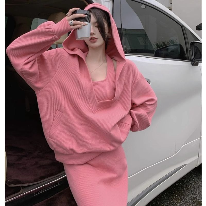 春秋款卫衣搭配一整套2025今年流行网红休闲粉色两件套装裙女|undefined