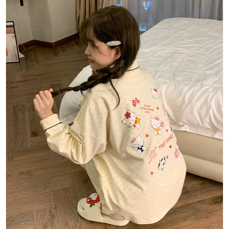 秋冬季女士长袖长裤套装仿棉卡通KT猫睡衣宽松加大码春秋季家居服|undefined