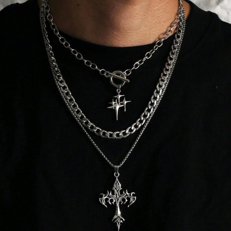 European and American Small Jewelry Retro Hip-Hop Rock Thick Chain Star Flame Multi-Layer Men's Necklace Women's Necklace