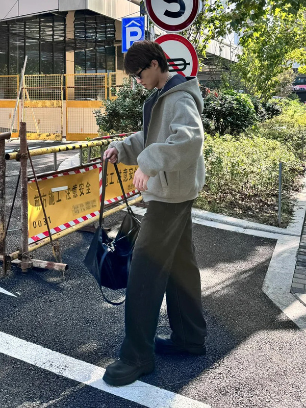 双拉链开衫卫衣男款春秋高级感廓形美式高街重磅硬挺潮牌连帽外套|undefined