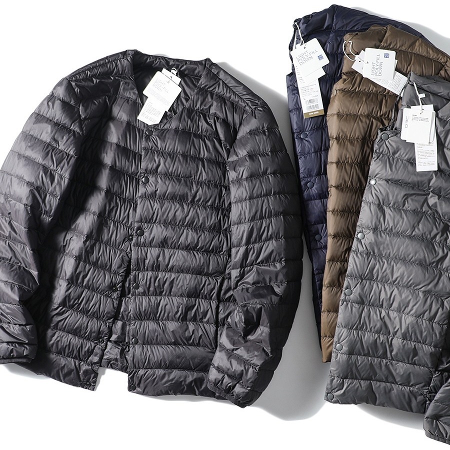 2024 Winter new portable collarless casual round neck fluffy warm V-neck lightweight down jacket liner coat for men