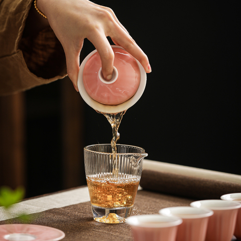 Kung Fu Tea Set with Color Glaze Tea Set, Petal Tea Cups, Glass Server, Striped, Fresh and Minimalist, Luxury Gift for Women