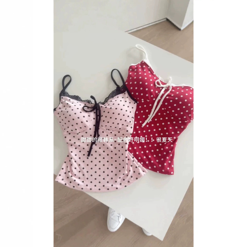 Sweet and Pure Style Polka Dot Lace Trim Camisole for Women, New Summer Slim-Fit Versatile Base Top Sweet and Pure Style Polka Dot Lace Trim Camisole for Women, New Summer Slim-Fit Versatile Base Top