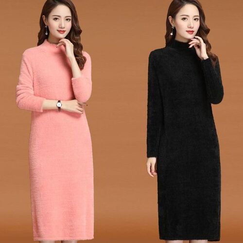Autumn and winter new arrival: semi-high-neck faux mink velvet elegant dress—plush mid-length bottoming shirt, trendy and stylish.