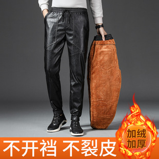 Winter Leather Pants Men's Velvet Thickeneded Warm Elastic Harem Pants Fur Integrated Motorcycle Windproof and Waterproof Motorcycle Pants