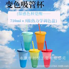 工厂直供遇冷感温变色杯5色单层大容量吸管杯PP吸管塑料杯批发