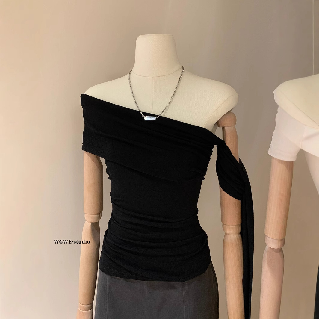 WGWE Pure Desire Wind Camiseta de tubo plisado con cordones de un solo hombro para mujer Verano delgado y delgado sin tirantes W5133 image 3