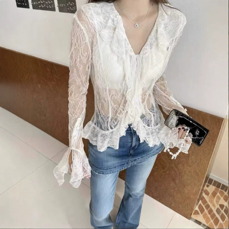 French-style pure desire white hollowed-out ruffled lace-up blouse for women with multi-layered V-neck and bell-shaped long sleeves French-style pure desire white hollowed-out ruffled lace-up blouse for women with multi-layered V-neck and bell-shaped long sleeves