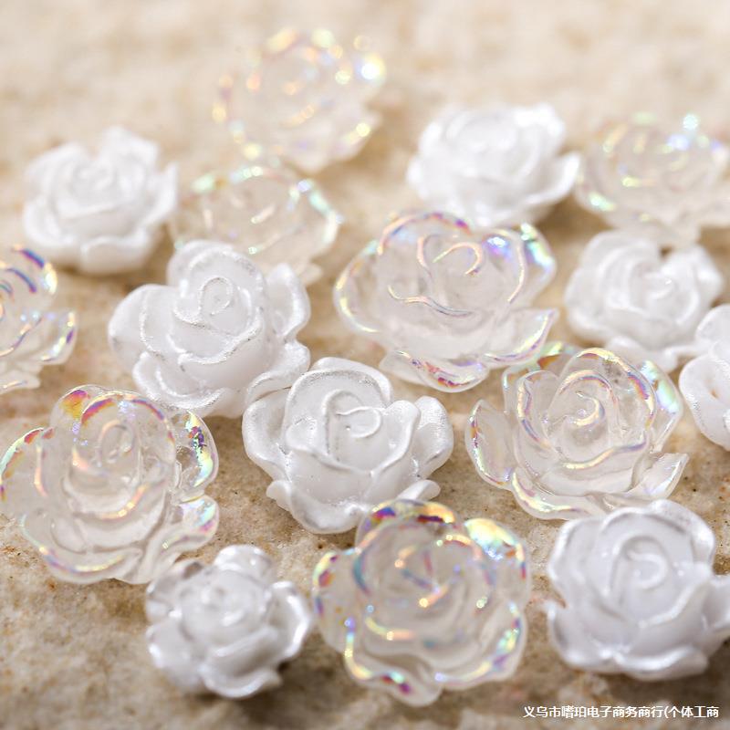 批发美甲玫瑰花珍珠漆白色极光花瓣大小山茶花百搭树脂花指甲装饰