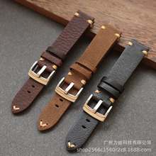 手工真皮手表带手缝线复古荔枝纹摔纹牛皮表带20 22mm 现货批发