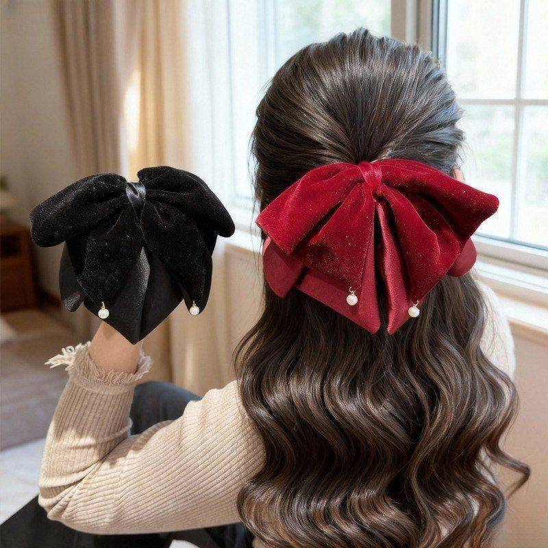 满天星丝绒抓夹马尾夹高级感秋冬新中式吊坠红色蝴蝶结头饰发夹女