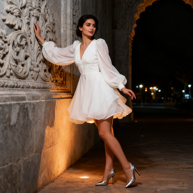 French Retro Palace-Style Dress with Waistband, White Organza Mini Skirt, Deep V-Neck, 2026 Summer New Women's Clothing