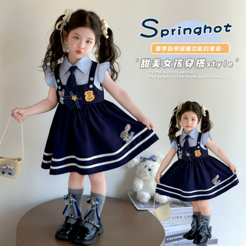 Girls' Rabbit Police Officer Flutter Sleeve Little Fox Nick Dress Summer 2026 New Fashionable Children's Strap Dress