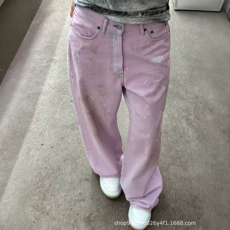 Nanyou Quality 25Ss Spring/Summer New Vintage Pink Ink-Splattered Distressed Loose Wide-Leg Dirty Denim Jeans for Women Nanyou Quality 25Ss Spring/Summer New Vintage Pink Ink-Splattered Distressed Loose Wide-Leg Dirty Denim Jeans for Women