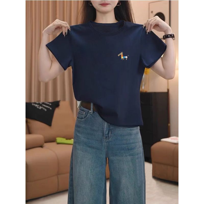 Women's Fashionable Versatile Navy Blue Cotton Short-Sleeve T-Shirt, Trendy Summer 2026 New Style Women's Fashionable Versatile Navy Blue Cotton Short-Sleeve T-Shirt, Trendy Summer 2026 New Style