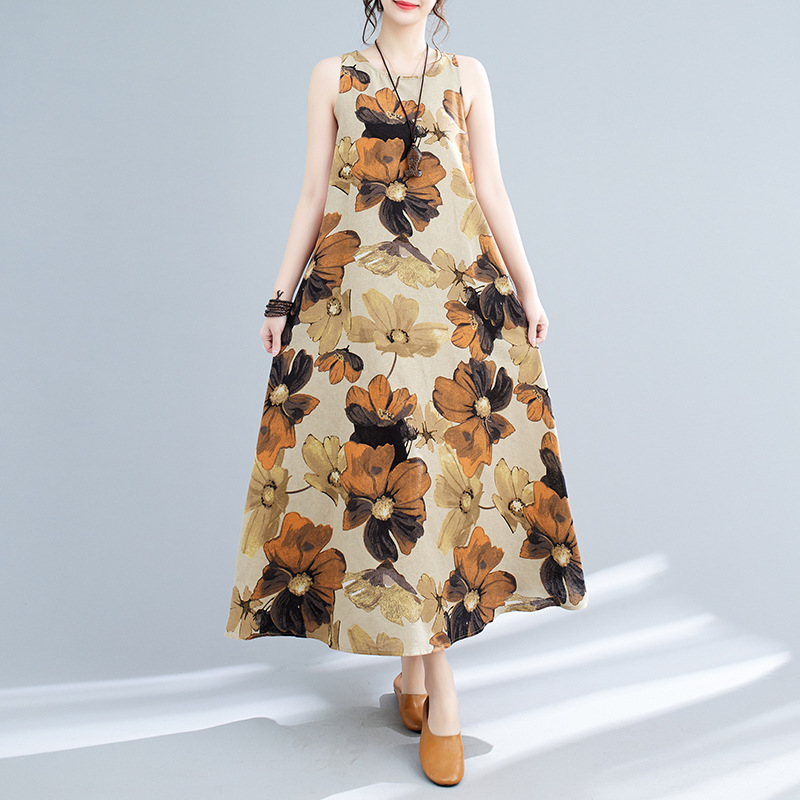 Vestido midi estampado sem mangas com gola redonda, estilo boêmio, plus size, para o verão de 2024._voghion.com