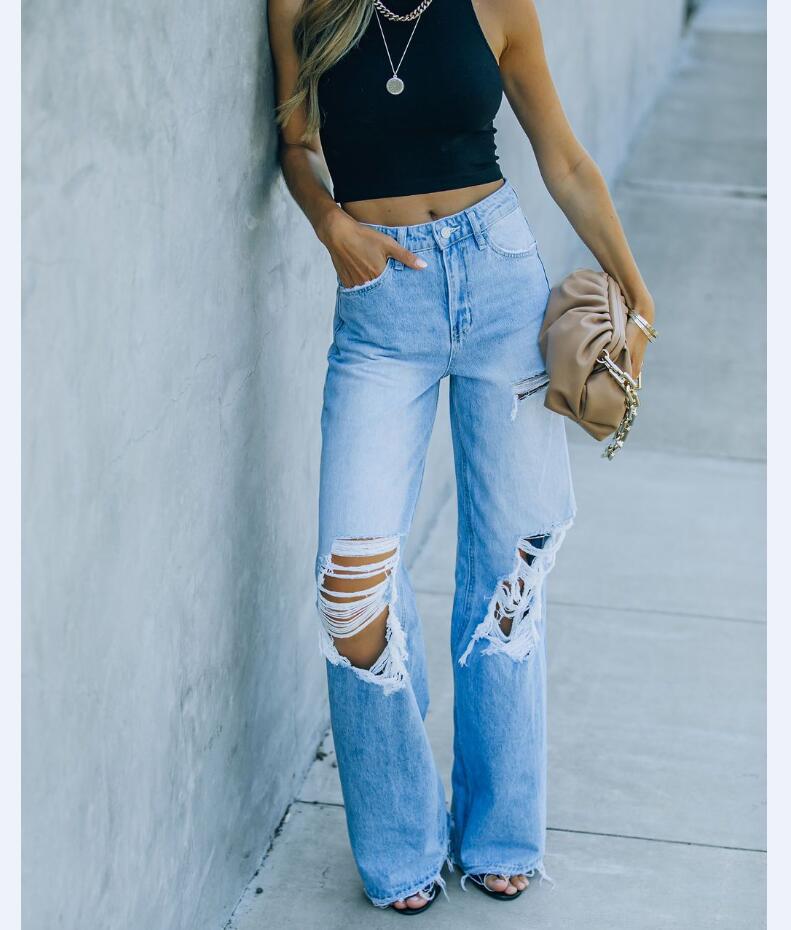 Wide-Leg Washed Ripped Jeans NSYF77518