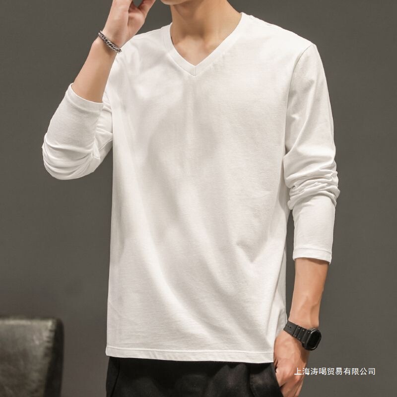 Men's Long-Sleeve V-Neck Solid Color T-Shirt, Couple's Matching Pure Cotton Base Shirt, Spring Men's Fashion Autumn Wear