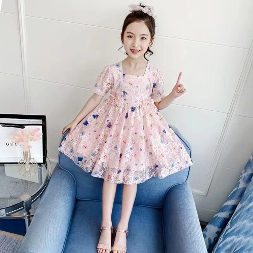 Girls' fashionable princess dress summer dress 202 new style little girl's fashionable lace skirt children's Korean version mesh dress