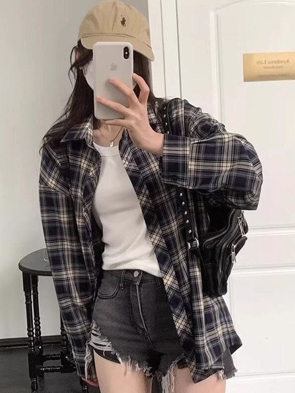 美式复古格子衬衫外套女长袖秋冬新款设计感小众宽松休闲上衣衬衣|undefined