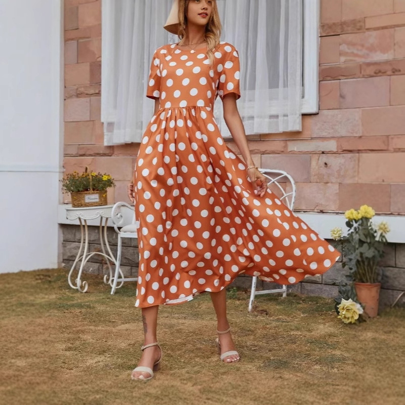 European and American 2025 Cross-Border Aliexpress Summer Fashion Round Neck Ruched Waist Polka Dot Mid-Length Skirt Short-Sleeved Dress for Women